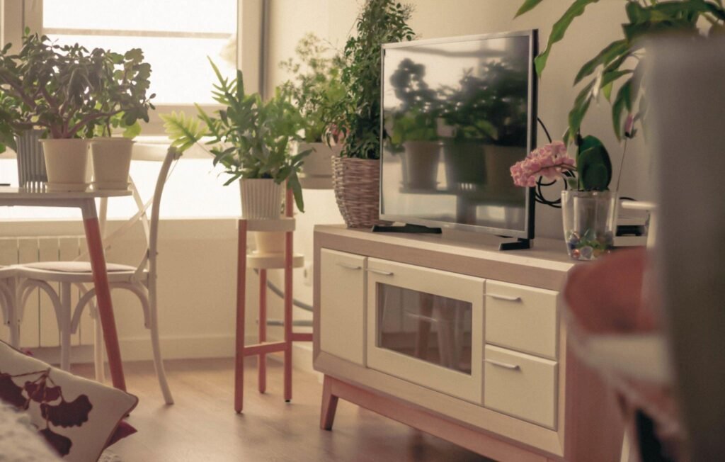 چیدمان گل طبیعی کنار تلویزیون